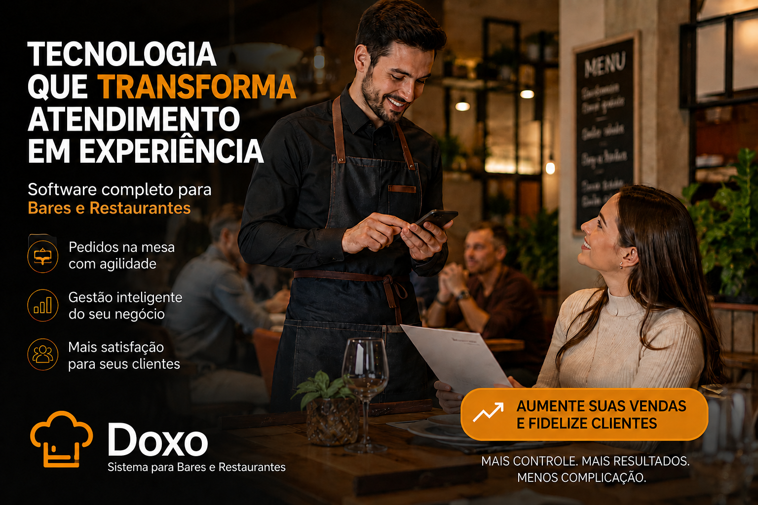 Atendimento em restaurante usando o Sistema Doxo no celular